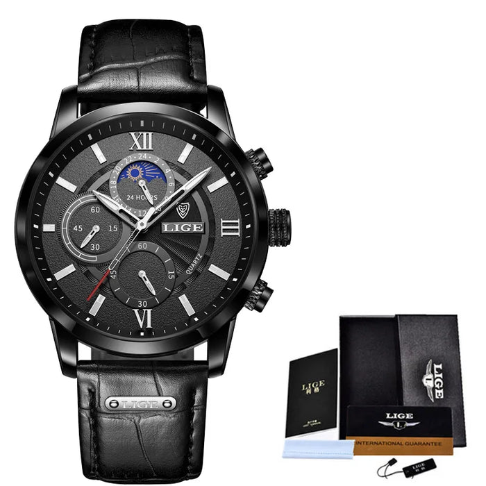 Herren Chronograph – Luxus Quarz-Armbanduhr mit Mondphase & Lederarmband | Sportlich & Elegant | 3ATM Wasserdicht