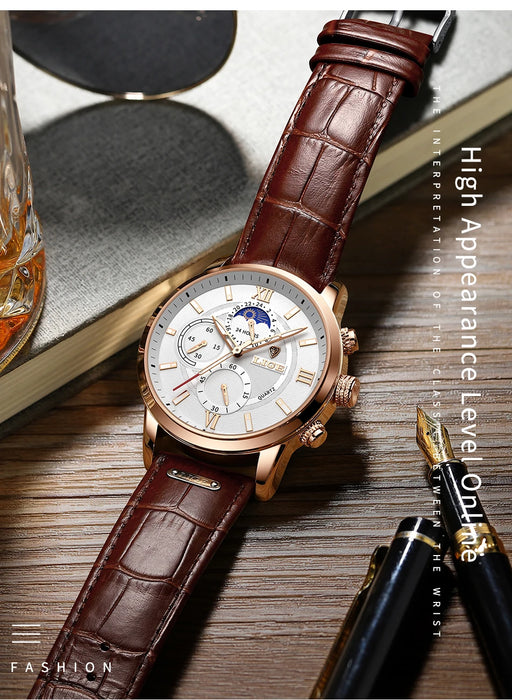Herren Chronograph – Luxus Quarz-Armbanduhr mit Mondphase & Lederarmband | Sportlich & Elegant | 3ATM Wasserdicht
