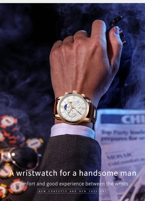 Herren Chronograph – Luxus Quarz-Armbanduhr mit Mondphase & Lederarmband | Sportlich & Elegant | 3ATM Wasserdicht