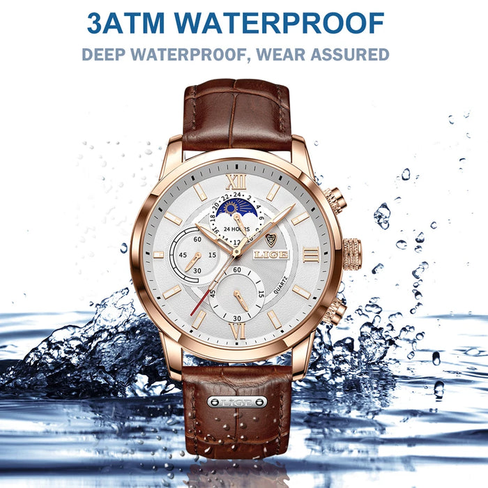 Herren Chronograph – Luxus Quarz-Armbanduhr mit Mondphase & Lederarmband | Sportlich & Elegant | 3ATM Wasserdicht