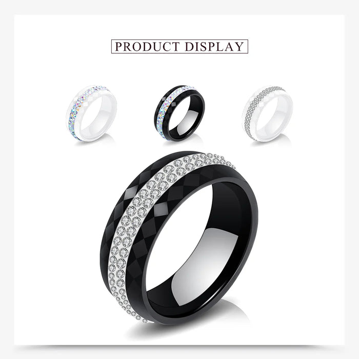 Eleganter Keramikring für Damen – Schwarz & Weiß mit Kristall