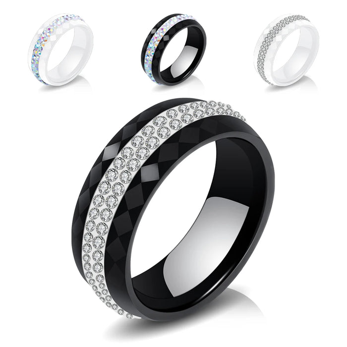 Eleganter Keramikring für Damen – Schwarz & Weiß mit Kristall