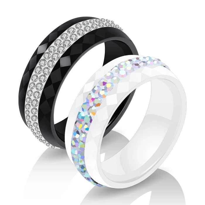 Eleganter Keramikring für Damen – Schwarz & Weiß mit Kristall