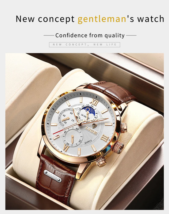 Herren Chronograph – Luxus Quarz-Armbanduhr mit Mondphase & Lederarmband | Sportlich & Elegant | 3ATM Wasserdicht
