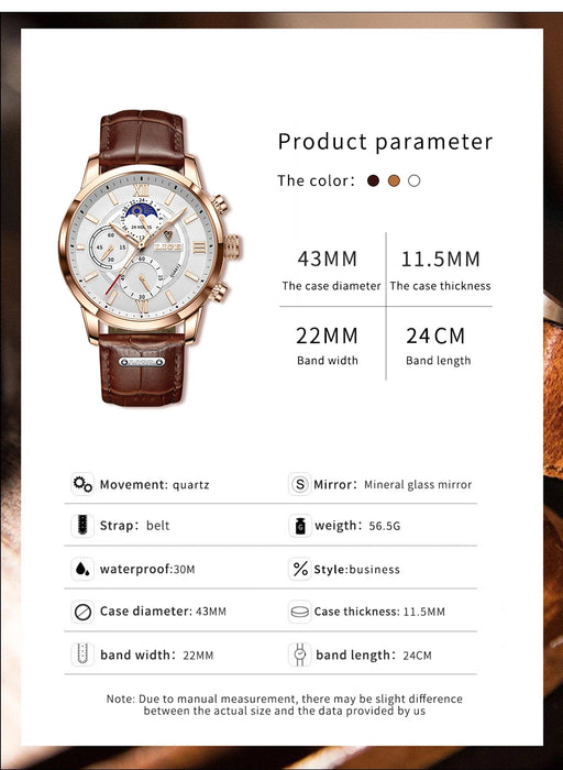 Herren Chronograph – Luxus Quarz-Armbanduhr mit Mondphase & Lederarmband | Sportlich & Elegant | 3ATM Wasserdicht