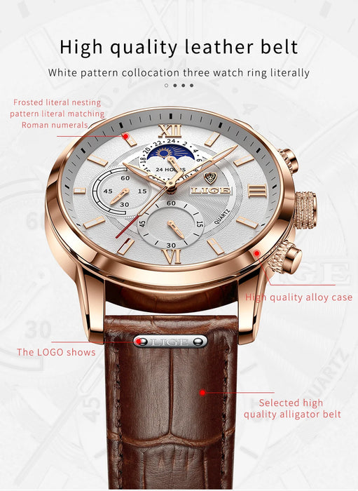 Herren Chronograph – Luxus Quarz-Armbanduhr mit Mondphase & Lederarmband | Sportlich & Elegant | 3ATM Wasserdicht