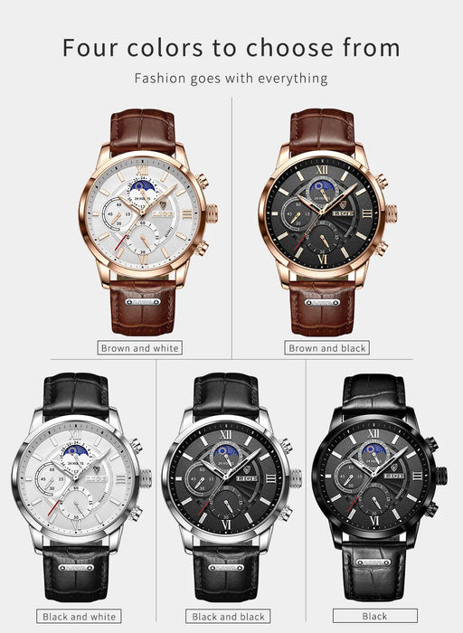 Herren Chronograph – Luxus Quarz-Armbanduhr mit Mondphase & Lederarmband | Sportlich & Elegant | 3ATM Wasserdicht