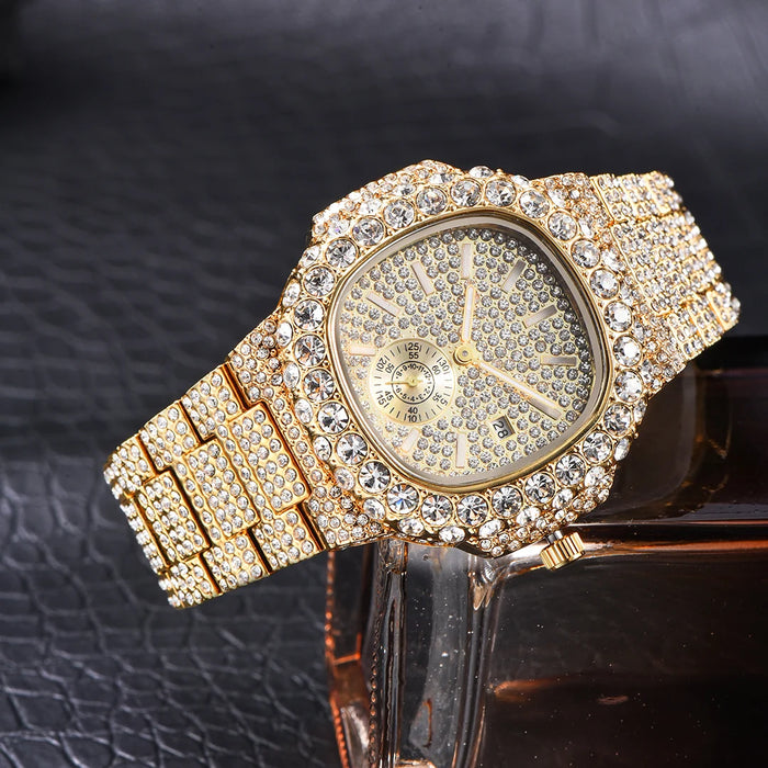 Luxus "Iced Out" Quarz-Armbanduhr für Herren – Edelstahl, Stoßfest, Wasserdicht