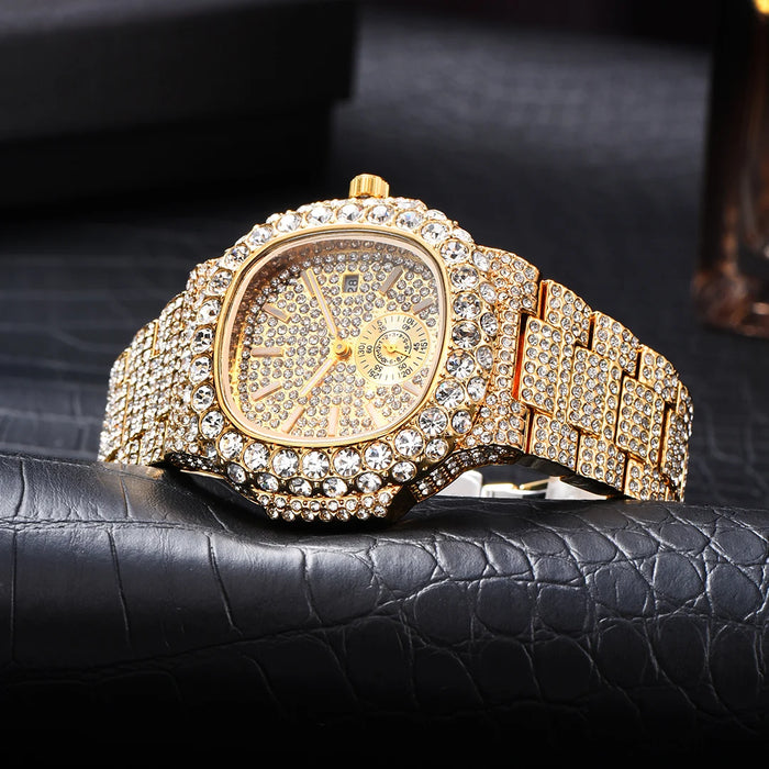 Luxus "Iced Out" Quarz-Armbanduhr für Herren – Edelstahl, Stoßfest, Wasserdicht