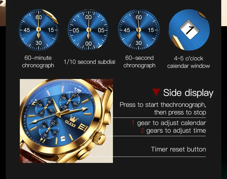 OLEVS Sport Quarz Chronograph Uhr für Herren, Wasserdicht mit Luminous Zeigern, Auto Date, Lederarmband