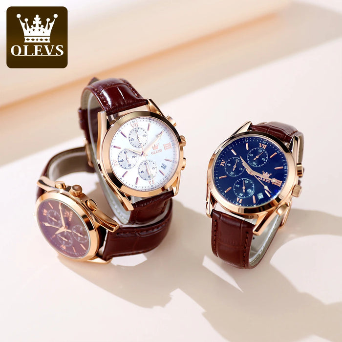 OLEVS Sport Quarz Chronograph Uhr für Herren, Wasserdicht mit Luminous Zeigern, Auto Date, Lederarmband