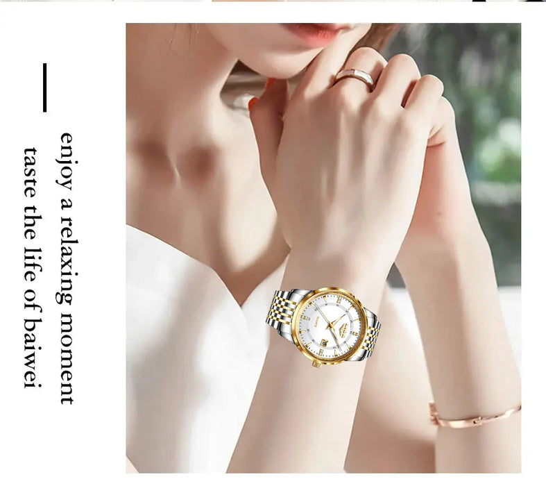 LIGE Damen Quarzuhr – Goldene Edelstahl Armbanduhr mit Luminous Zeigern, Stopuhr, Wasserfest, Auto-Datum – Luxus Armbanduhr für Damen