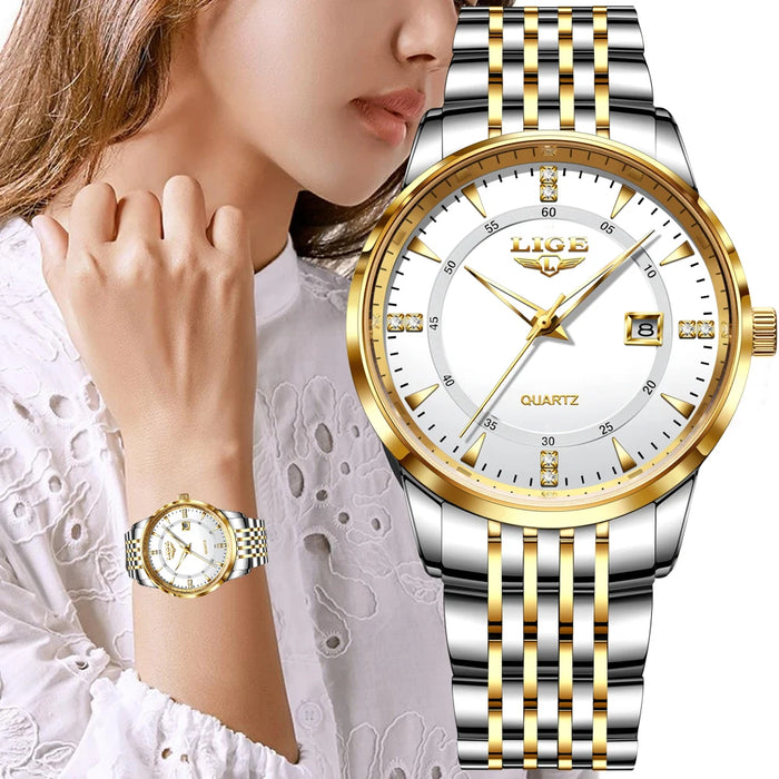 LIGE Damen Quarzuhr – Goldene Edelstahl Armbanduhr mit Luminous Zeigern, Stopuhr, Wasserfest, Auto-Datum – Luxus Armbanduhr für Damen