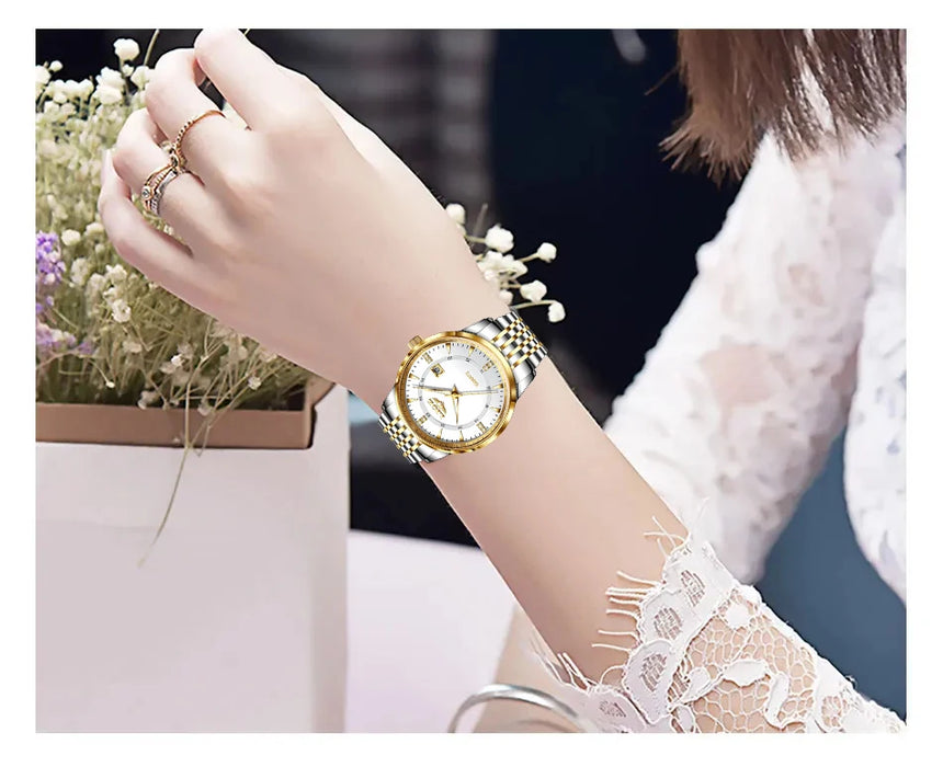 LIGE Damen Quarzuhr – Goldene Edelstahl Armbanduhr mit Luminous Zeigern, Stopuhr, Wasserfest, Auto-Datum – Luxus Armbanduhr für Damen