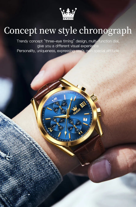 OLEVS Sport Quarz Chronograph Uhr für Herren, Wasserdicht mit Luminous Zeigern, Auto Date, Lederarmband