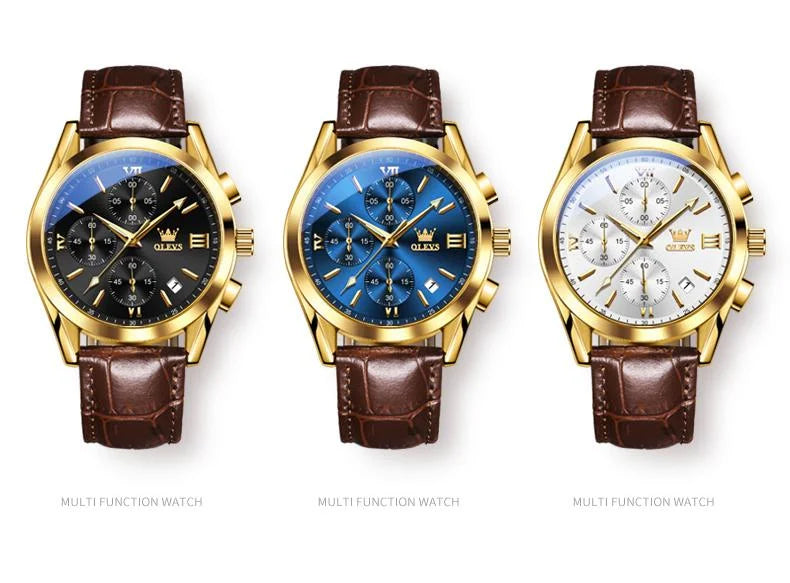 OLEVS Sport Quarz Chronograph Uhr für Herren, Wasserdicht mit Luminous Zeigern, Auto Date, Lederarmband