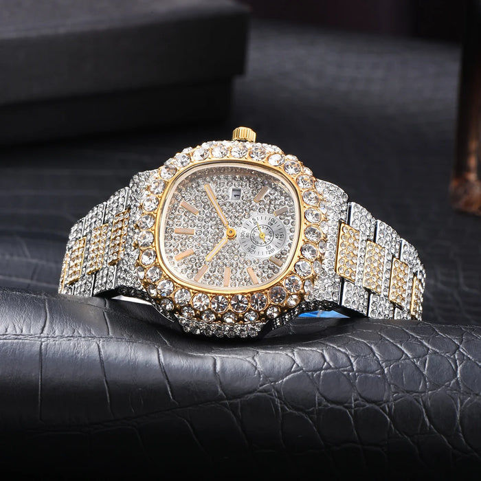 Luxus "Iced Out" Quarz-Armbanduhr für Herren – Edelstahl, Stoßfest, Wasserdicht