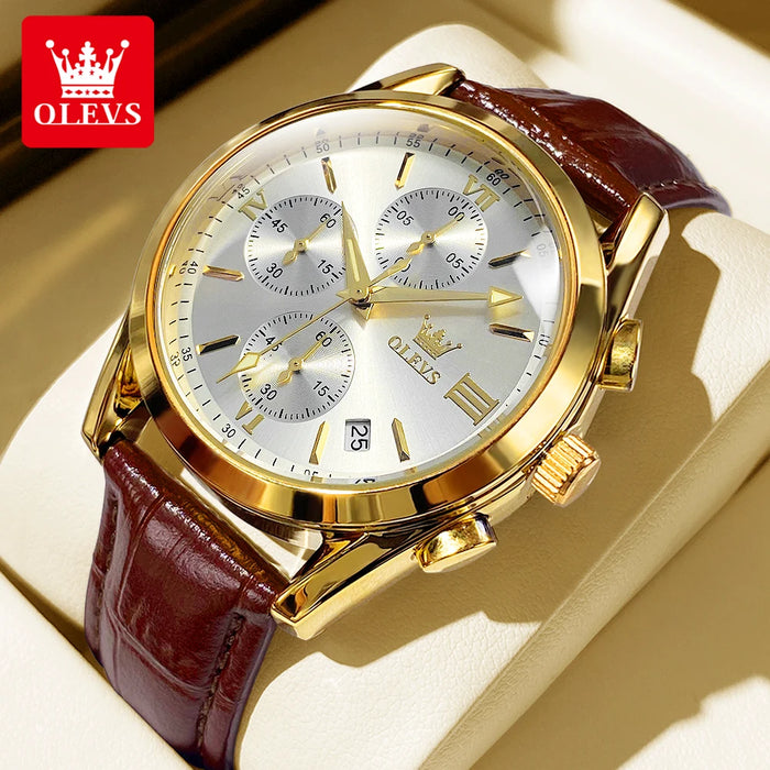 OLEVS Sport Quarz Chronograph Uhr für Herren, Wasserdicht mit Luminous Zeigern, Auto Date, Lederarmband
