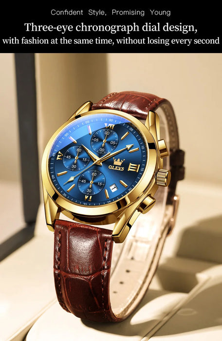 OLEVS Sport Quarz Chronograph Uhr für Herren, Wasserdicht mit Luminous Zeigern, Auto Date, Lederarmband