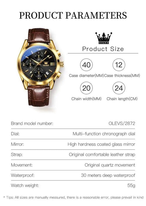 OLEVS Sport Quarz Chronograph Uhr für Herren, Wasserdicht mit Luminous Zeigern, Auto Date, Lederarmband