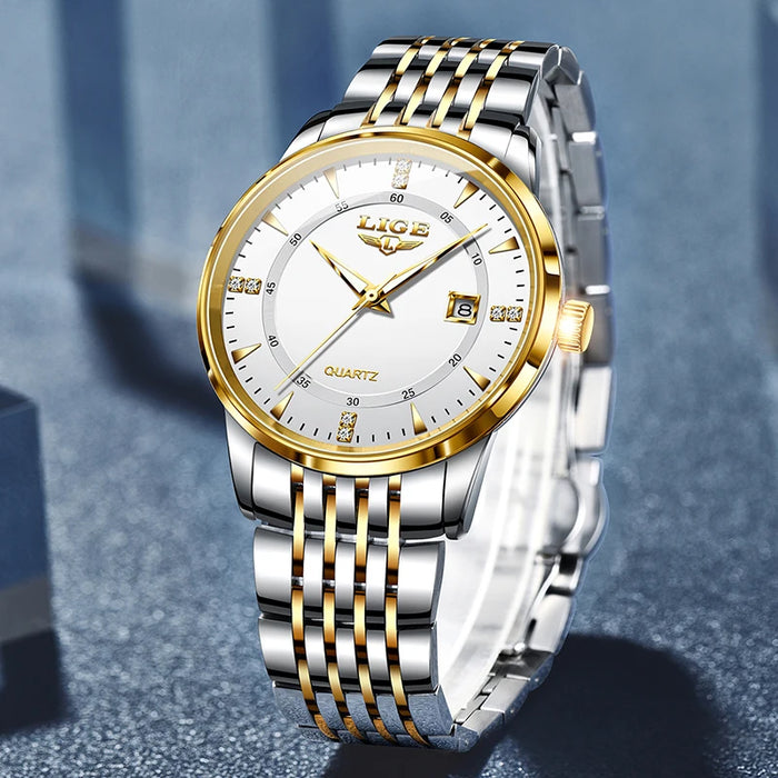 LIGE Damen Quarzuhr – Goldene Edelstahl Armbanduhr mit Luminous Zeigern, Stopuhr, Wasserfest, Auto-Datum – Luxus Armbanduhr für Damen