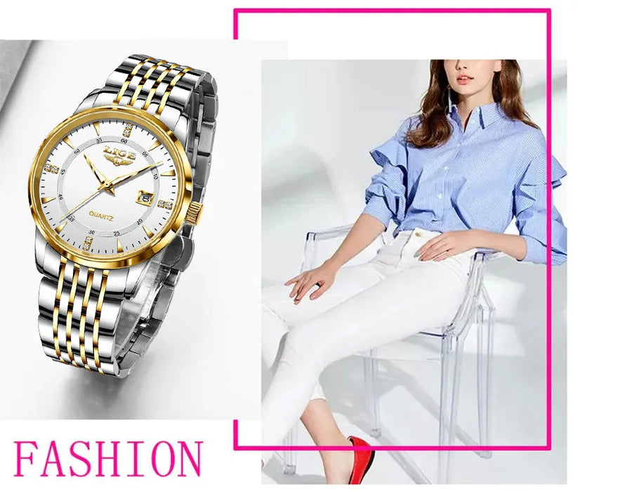 LIGE Damen Quarzuhr – Goldene Edelstahl Armbanduhr mit Luminous Zeigern, Stopuhr, Wasserfest, Auto-Datum – Luxus Armbanduhr für Damen