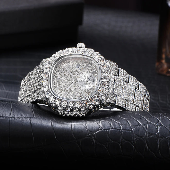 Luxus "Iced Out" Quarz-Armbanduhr für Herren – Edelstahl, Stoßfest, Wasserdicht