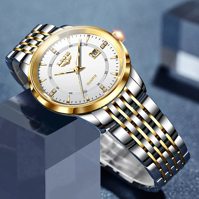 LIGE Damen Quarzuhr – Goldene Edelstahl Armbanduhr mit Luminous Zeigern, Stopuhr, Wasserfest, Auto-Datum – Luxus Armbanduhr für Damen