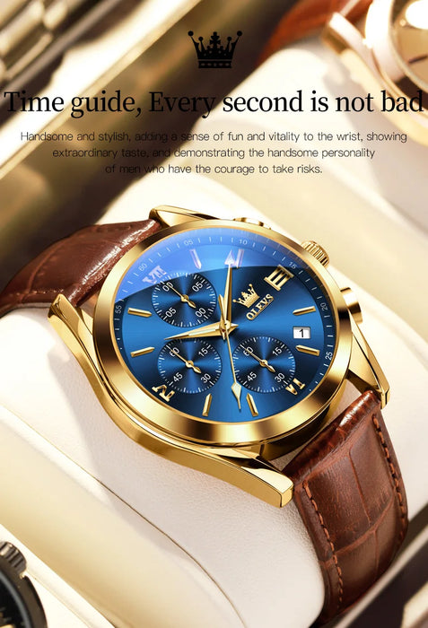 OLEVS Sport Quarz Chronograph Uhr für Herren, Wasserdicht mit Luminous Zeigern, Auto Date, Lederarmband