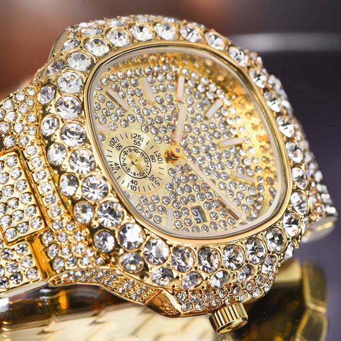 Luxus "Iced Out" Quarz-Armbanduhr für Herren – Edelstahl, Stoßfest, Wasserdicht