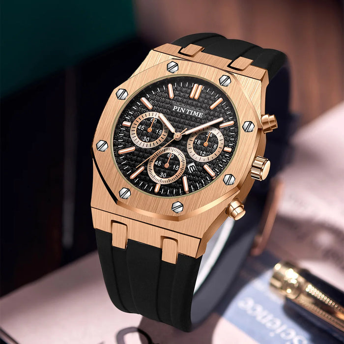 PINTIME Luxus Quarz Armbanduhr für Herren, Wasserdicht, Edelstahl, Sportliche Design Uhr, 42 mm Zifferblatt