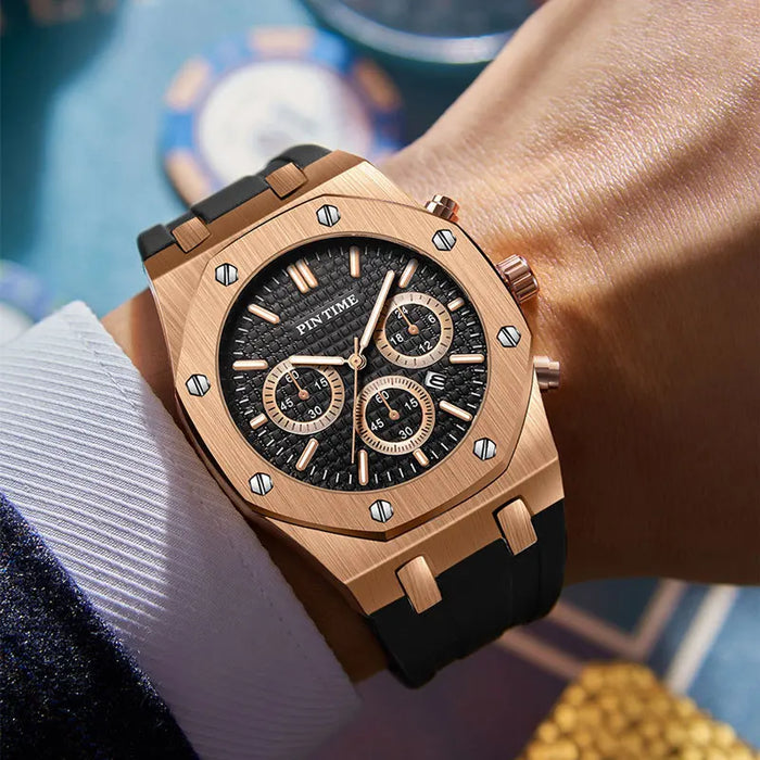 PINTIME Luxus Quarz Armbanduhr für Herren, Wasserdicht, Edelstahl, Sportliche Design Uhr, 42 mm Zifferblatt