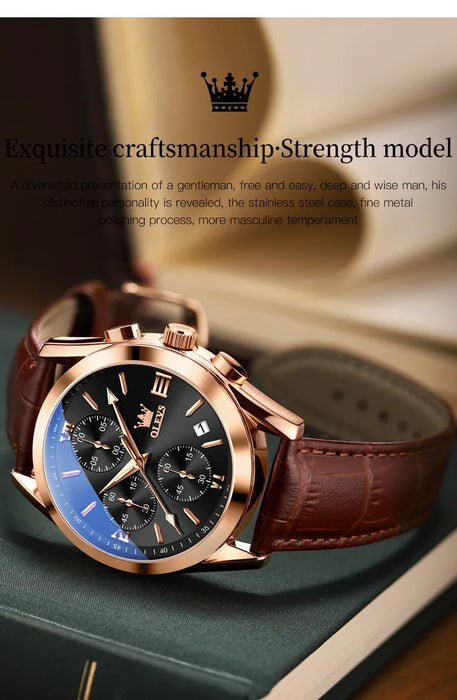 OLEVS Sport Quarz Chronograph Uhr für Herren, Wasserdicht mit Luminous Zeigern, Auto Date, Lederarmband