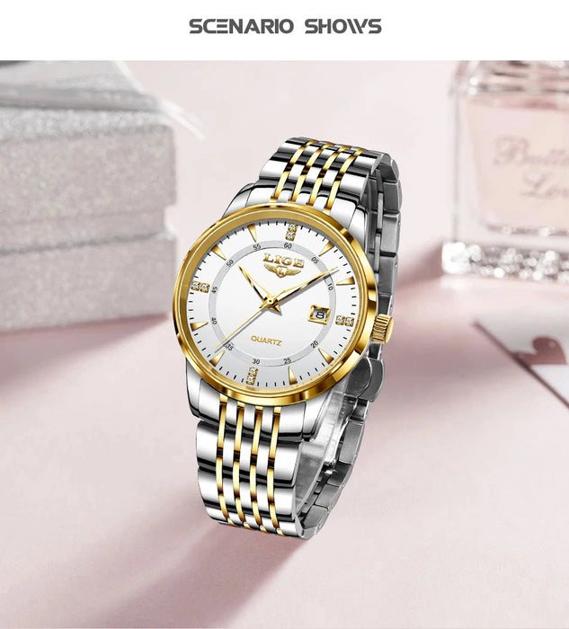 LIGE Damen Quarzuhr – Goldene Edelstahl Armbanduhr mit Luminous Zeigern, Stopuhr, Wasserfest, Auto-Datum – Luxus Armbanduhr für Damen