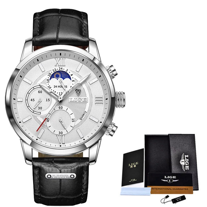 Herren Chronograph – Luxus Quarz-Armbanduhr mit Mondphase & Lederarmband | Sportlich & Elegant | 3ATM Wasserdicht