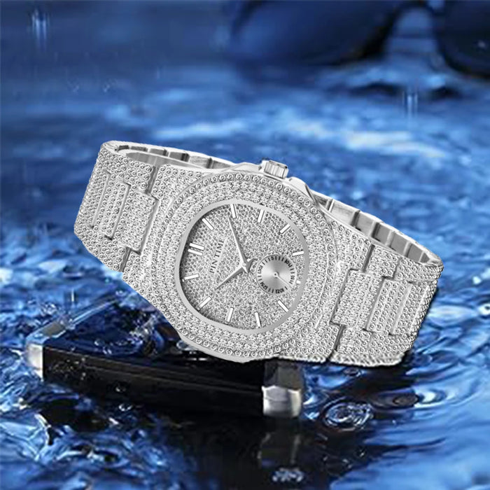 PINTIME Iced Out Quarzuhr für Herren, 3ATM Wasserdicht, Mode Hip Hop Armbanduhr mit CZ Kristallen, Unisex