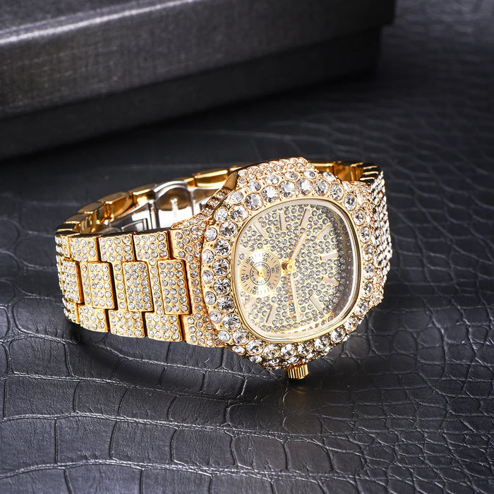 Luxus "Iced Out" Quarz-Armbanduhr für Herren – Edelstahl, Stoßfest, Wasserdicht