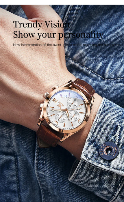 OLEVS Sport Quarz Chronograph Uhr für Herren, Wasserdicht mit Luminous Zeigern, Auto Date, Lederarmband