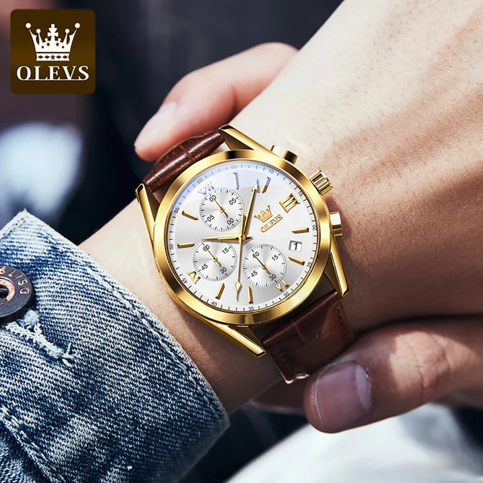 OLEVS Sport Quarz Chronograph Uhr für Herren, Wasserdicht mit Luminous Zeigern, Auto Date, Lederarmband