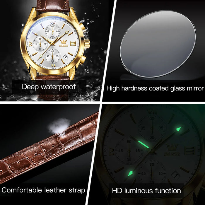 OLEVS Sport Quarz Chronograph Uhr für Herren, Wasserdicht mit Luminous Zeigern, Auto Date, Lederarmband