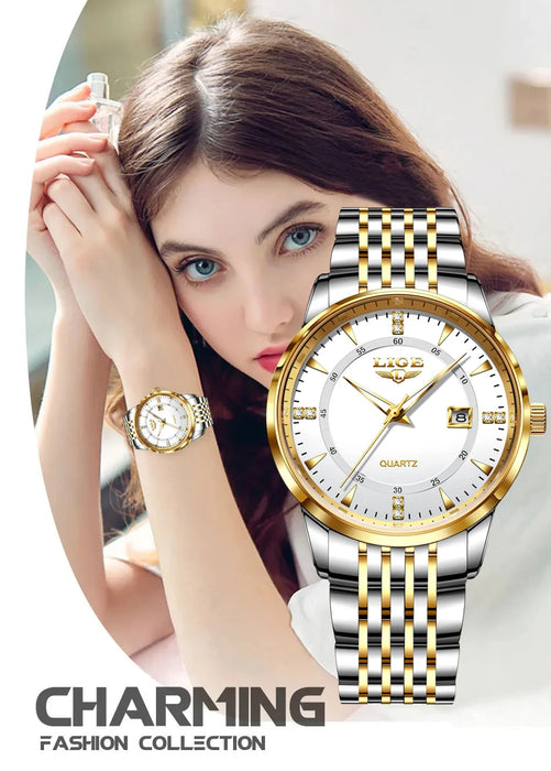 LIGE Damen Quarzuhr – Goldene Edelstahl Armbanduhr mit Luminous Zeigern, Stopuhr, Wasserfest, Auto-Datum – Luxus Armbanduhr für Damen