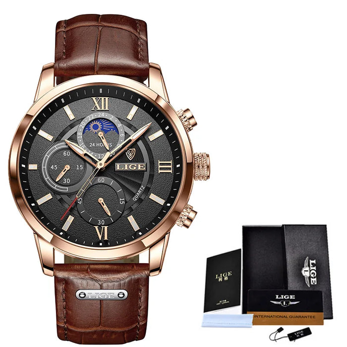 Herren Chronograph – Luxus Quarz-Armbanduhr mit Mondphase & Lederarmband | Sportlich & Elegant | 3ATM Wasserdicht