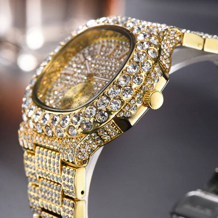 Luxus "Iced Out" Quarz-Armbanduhr für Herren – Edelstahl, Stoßfest, Wasserdicht