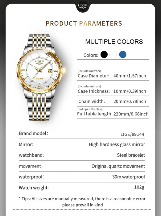 LIGE Damen Quarzuhr – Goldene Edelstahl Armbanduhr mit Luminous Zeigern, Stopuhr, Wasserfest, Auto-Datum – Luxus Armbanduhr für Damen