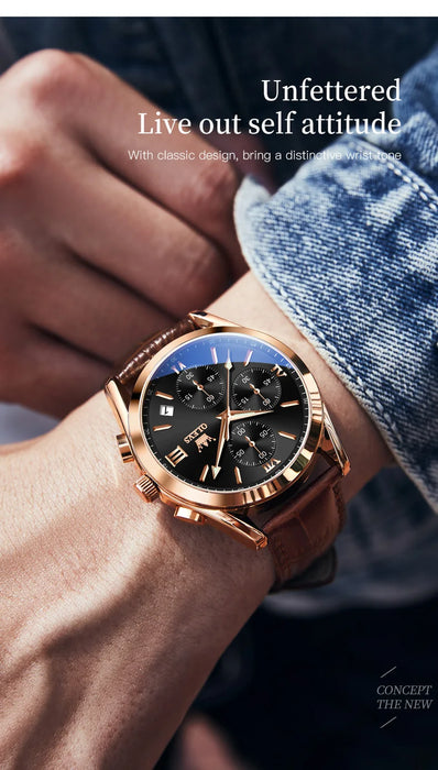 OLEVS Sport Quarz Chronograph Uhr für Herren, Wasserdicht mit Luminous Zeigern, Auto Date, Lederarmband