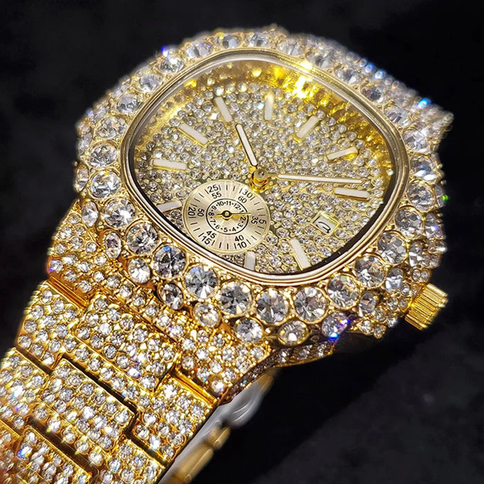 Luxus "Iced Out" Quarz-Armbanduhr für Herren – Edelstahl, Stoßfest, Wasserdicht