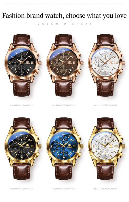 OLEVS Sport Quarz Chronograph Uhr für Herren, Wasserdicht mit Luminous Zeigern, Auto Date, Lederarmband