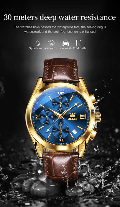 OLEVS Sport Quarz Chronograph Uhr für Herren, Wasserdicht mit Luminous Zeigern, Auto Date, Lederarmband