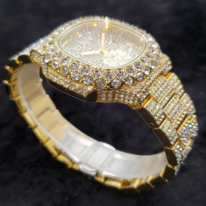 Luxus "Iced Out" Quarz-Armbanduhr für Herren – Edelstahl, Stoßfest, Wasserdicht