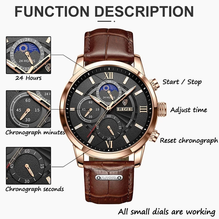 Herren Chronograph – Luxus Quarz-Armbanduhr mit Mondphase & Lederarmband | Sportlich & Elegant | 3ATM Wasserdicht